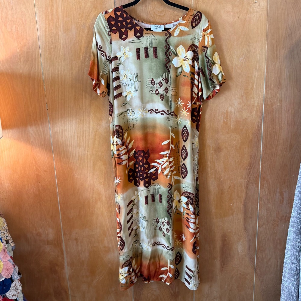 Teddi Petite Vintage Tropical Tribal Print Rayon Maxi Dress Large Petite PL